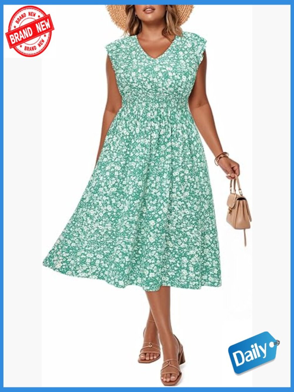 Plus Size Boho Midi Dress with Pockets Ruffle Sleeve V Neck Summer Sundress